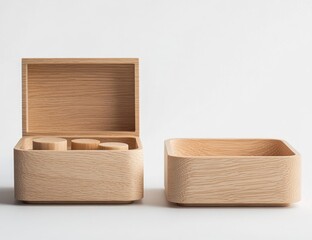 Two light beige wooden boxes, one with a lid open, the other closed.  Both are simple, square shapes with smooth surfaces and a slightly rounded base.  
