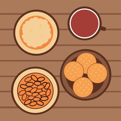 Top View of Breakfast Scene with Coffee Porridge Beans and Cookies on a Wooden Table for a Cozy and Delicious Morning Meal Illustration