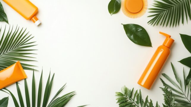 Sunscreen bottles and tropical leaves arranged on a white background