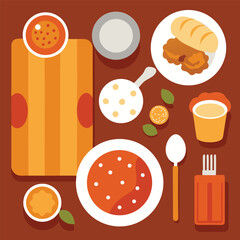 Flat Lay Illustration of a Meal Featuring Soup Bread Meat and Various Sauces on a Brown Table Perfect for Food Blogs and Recipe Illustrations