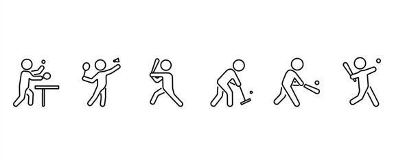 Sports vector icon set, Sports people icons with ball, table tennis, badminton, baseball, gateball, cricket and softball vector illustration in transparent background. Sport line icon set. Editable.