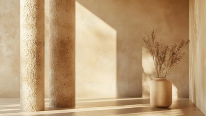 Beige minimalist interior with columns. Sunlight streams in