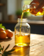 Oil bottle, Close-up of golden cooking oil being poured into a glass jar on a wooden kitchen table with natural sunlight.