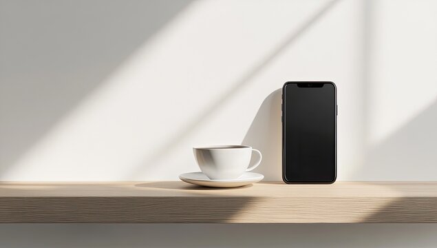 A white coffee cup and saucer, and a black smartphone sit on a light-colored wooden shelf against a bright white wall, bathed in sunlight