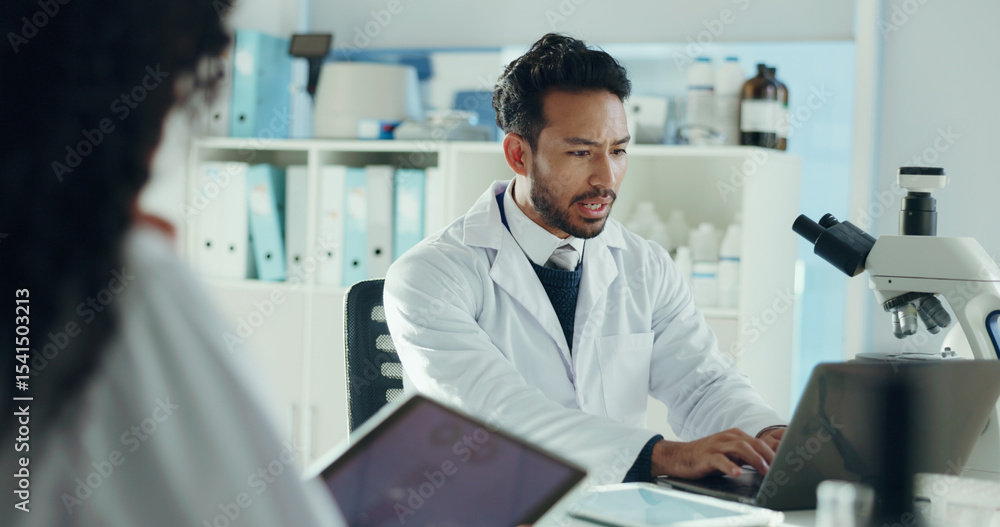 Poster man, scientist and laptop in lab with colleague for microbiology study, report or feedback with disc