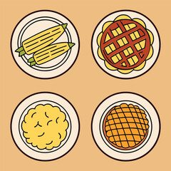 Four Plates of Food Including Corn on the Cob Apple Pie Mashed Potatoes and Pumpkin Pie in a Flat Vector Style Illustration on a Light