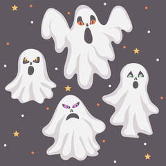 Hand drawn scary ghosts set. Ghostly monsters with Boo scary faces. Element for Halloween decorative design. Vector illustration.