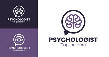 Creative Psychologist Logo Design Featuring Brain and Speech Bubble in Purple and White