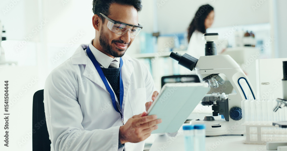 Poster science, research and man in lab, tablet and online reading with app for experiment results. person,