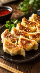 Crispy Pan-Fried Dumplings Served on a Dark Plate with Garnish