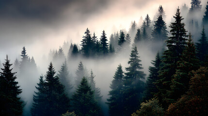 Mystical coniferous forest hidden in dense fog, where the trees appear as faint silhouettes emerging through the soft, vintage tones of light and mist.