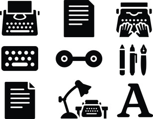 Black silhouette icon set for National Typewriter Day. Includes solid black vector pictograms of vintage typewriter, paper sheet, typing hands, mechanical keys, ink ribbon, retro writing tools, old do