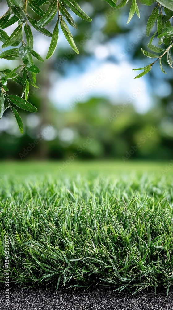 Poster soft green grass and leaves near a serene river create a tranquil spring atmosphere with a beautiful
