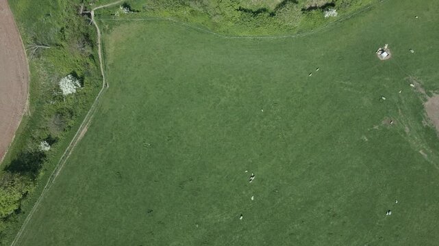 Arial view of Stogursey parish in the quantock hills Somerset. Drone moving forward and camera facing down over a green field. 4K, 60fps.