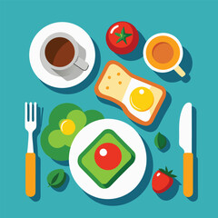 Flat Lay Breakfast Scene Featuring Colorful Food and Drink on a Blue Background Including Eggs Toast Coffee Juice and Fresh Produce