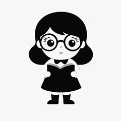 cute little girl reading book in her school silhouette icon isolated on white background