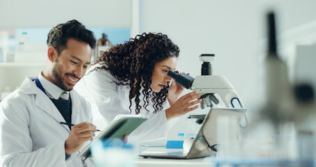 Science, team and people on tablet in lab with microscope for research, medical study or DNA...