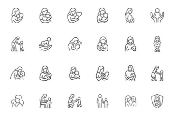 Mother and child line icon set. Mom with baby, son, and daughter. Motherhood, parenting, and maternity vector outline symbols