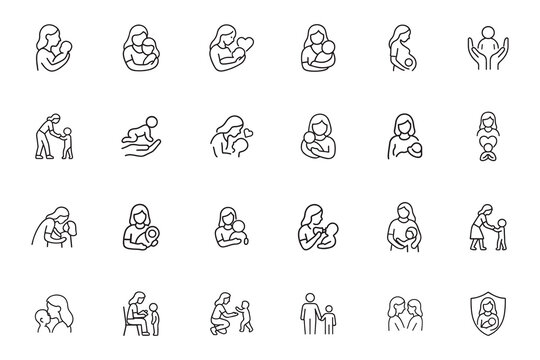 Mother and child line icon set. Mom with baby, son, and daughter. Motherhood, parenting, and maternity vector outline symbols
