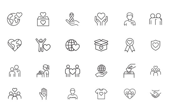 Charity and donation line icon set. Volunteer, non profit, and fundraising vector outline symbols