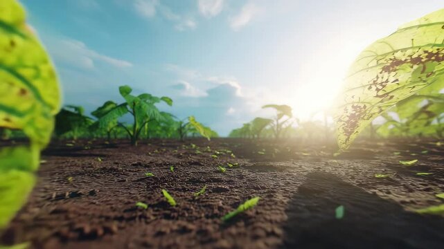 Closeup of crop leaves half-eaten by insects farm motion, detailed bite marks ,soil closeup Swarm shadow cast on dusty farm field, sunlight rays in farm motion, farm soil motion 