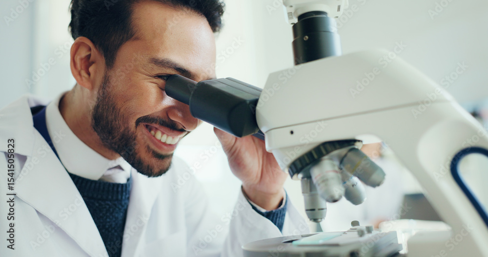 Poster science, research and man with microscope in lab for biotechnology, sample testing and innovation. s