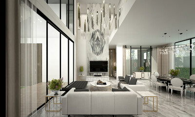 House and modern living room and cozy sofa mockup decoration and white texture wall background. 3d render