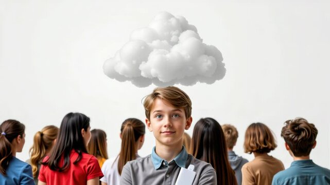 A boy stands smiling with a cloud above his head, while other children face away in the background.
