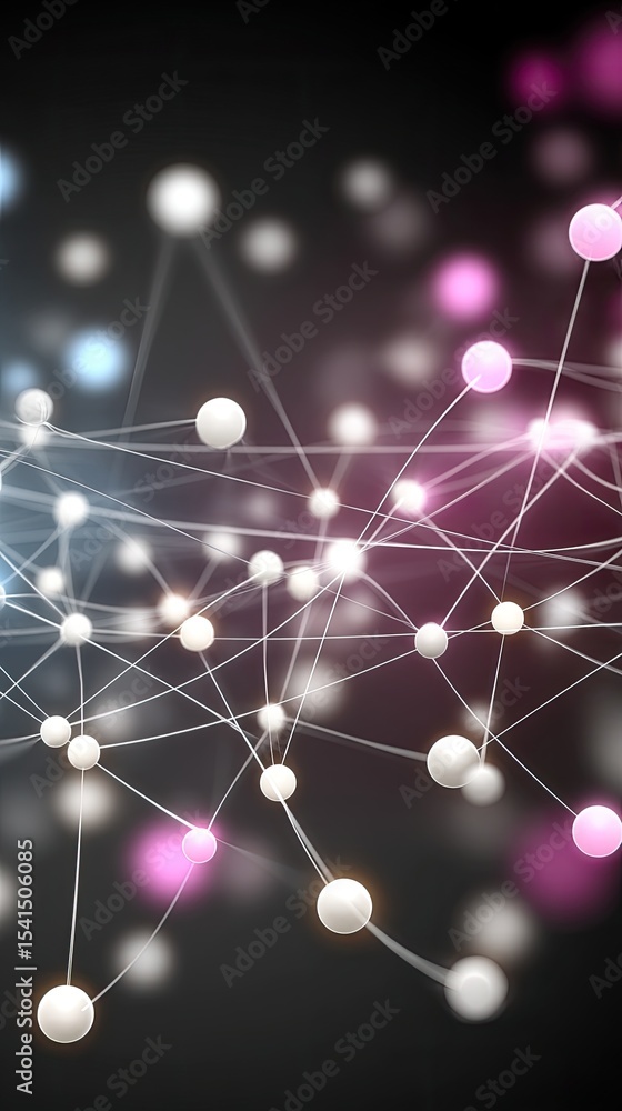 Poster glowing blue and pink dots move across a dark background, representing data visualization in a digit