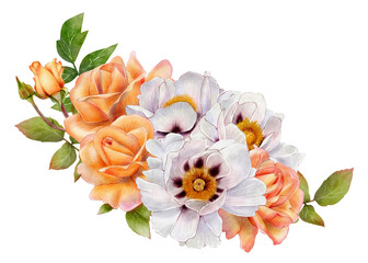 Bouquet of white tree peonies and peach roses with green leaves. Watercolor floral drawing. Hand-painted in botanical style on white background. Ideal for cards, prints, and decorations.