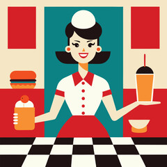 Retro Diner Waitress Serving Food and Drinks with a Smile Illustrated in a Flat Design Style with a Checkered Floor and Colorful Background