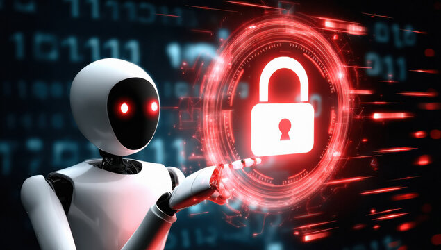 Cyber security Data Protection concept Robot with digital lock