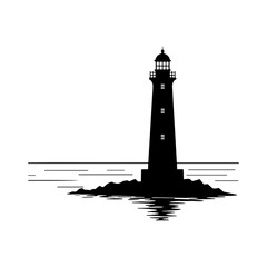 Lighthouse silhouette standing on rocks by the sea at sunset  