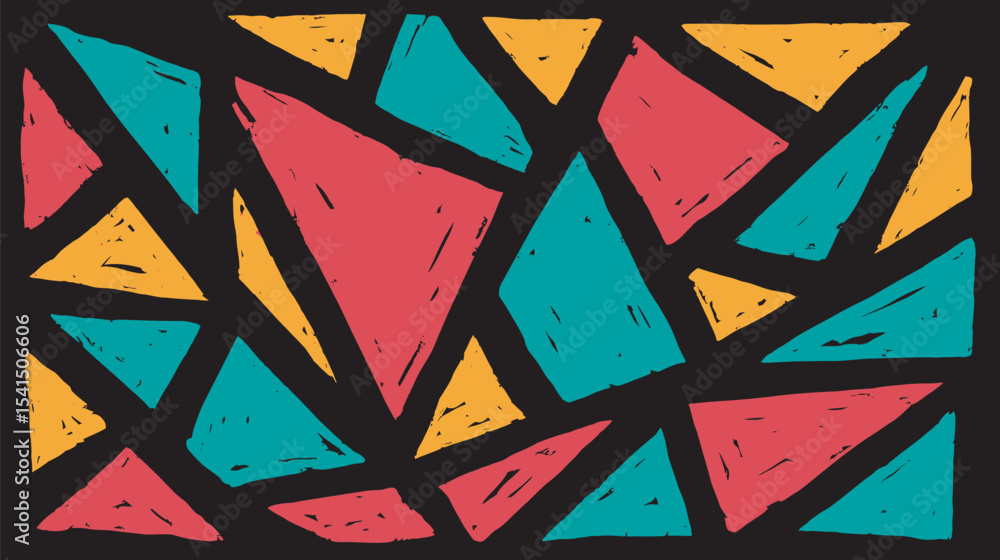 Poster colorful triangles interlock visually against a solid black backdrop forming texture