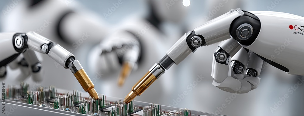 Poster robotic arms operate efficiently on the production line, showcasing advanced technology in a clean i