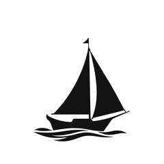 Black sailboat sailing on waves in minimalist style  