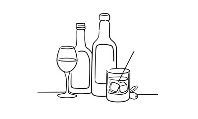 Alcohol with 2 glasses continious line drawing. Whiskey, wine glasses with drinks. Cheers toast festive decoration for holidays. Vector illustration	
