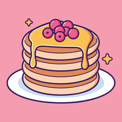 Cute Cartoon Pancake Stack with Berries and Dripping Syrup on a Plate with Stars Perfect for Breakfast or Dessert Illustration Design