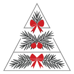 Festive christmas tree illustration with red bows and ornaments on a white background