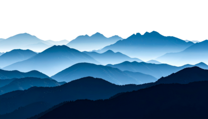 Morning foggy mountain landscape with tranquil view of hills and valleys under big sky isolated on white background