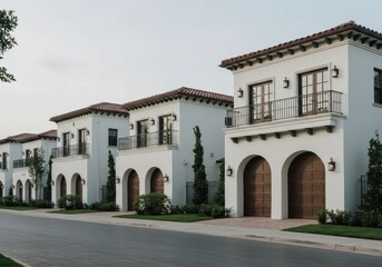 Naklejka premium Row of white stucco houses with arched garages and tile roofs in a neighborhood