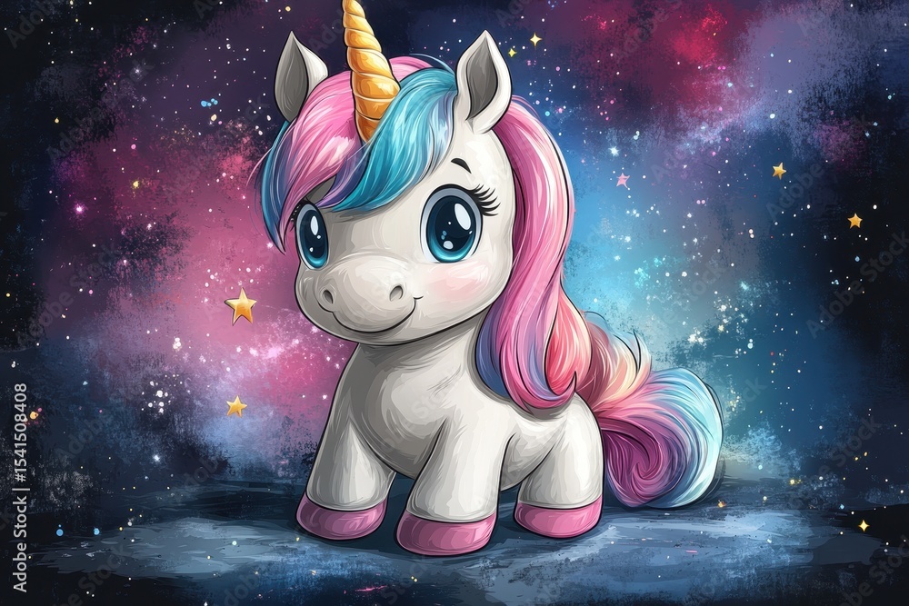 Poster colorful unicorn character standing in a starry galaxy background with vibrant hues and playful expr