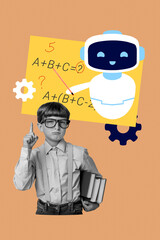 Vertical poster pop collage of happy nerd preteen schoolboy hold book stack math subject...