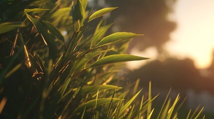 Lush green foliage illuminated by soft sunlight during golden hour, creating a tranquil outdoor scene