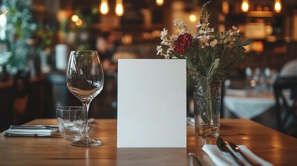 A blank white menu card standing on a restaurant table