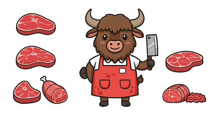 Cute yak butcher cartoon meat illustration
