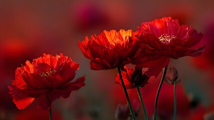 Vibrant red flowers bloom in a sunlit field, creating a stunning floral display against a blurred background