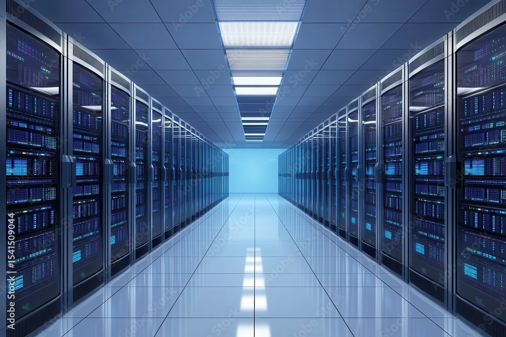 Poster rows of server racks create a futuristic data center environment