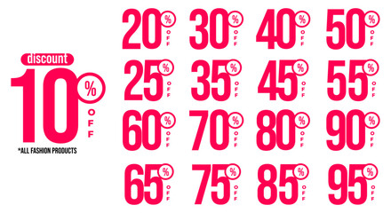 10%, 20%, 30%, 40%, 50%, 60%, 70%, 80%, 90% Discount. Sale tags set vector badges template. Sale offer price sign. Special offer symbol. Discount promotion. Discount badge shape. Vector design
