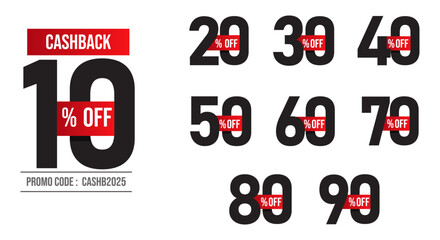 10%, 20%, 30%, 40%, 50%, 60%, 70%, 80%, 90% Cashback. Sale tags set vector badges template. Sale offer price sign. Special offer symbol. Discount promotion. Discount badge shape. Vector design
